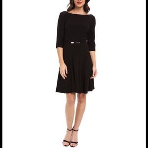 Tahari ASL Giovanni size 6 fit and flare dress black 3/4 sleeve gold metal belt